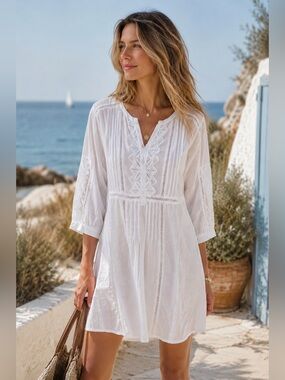 NWT! Beautiful Stories White Cotton Lightweight Battenberg Lace Dress Coverup XS